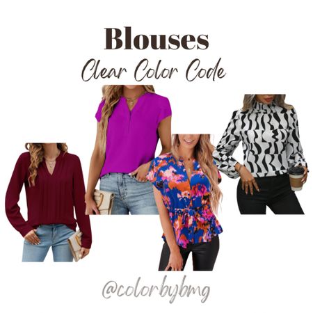 Blouses for your Clear Color Code

Clear Winter or Clear Spring 

Blouse colors from left to right:

1. Wine Red
2. Rose Purple
3. Blue Floral
4. Black Ink White

#LTKstyletip #LTKfindsunder50