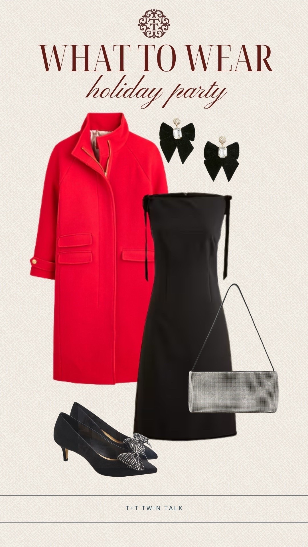 T+T, what to wear to a holiday party. We are loving this chic black dress from J.Crew for the holiday season. We would pair it with a red coat for a pop of color! We would then accessorize the look with black heels that have a bow detail, a sparkly purse from Tuckernuck, and bow earrings! 

#LTKSeasonal #LTKOver40 #LTKHoliday