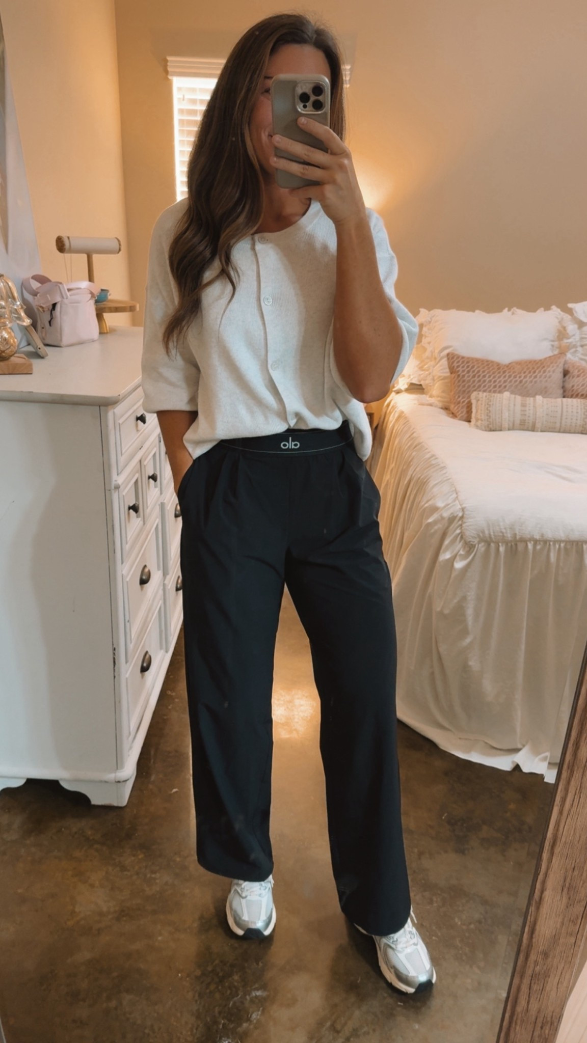 My cardigan is on sale this week through Saturday from Target! I’m wearing the light gray! Love that this will go with everything and comfy material! Im usually a medium but sized up to a large! Wearing the New Balance 530’s in Silver metallic with linen! This color goes with everything! Wearing small regular in the Alo Trouser pants but definitely could have gone with the tall so that I could wear high waisted! These hit right below my belly button and I prefer the high waisted look! I have the navy in small tall and love the length of those better on me! I’m 5’7 for reference!