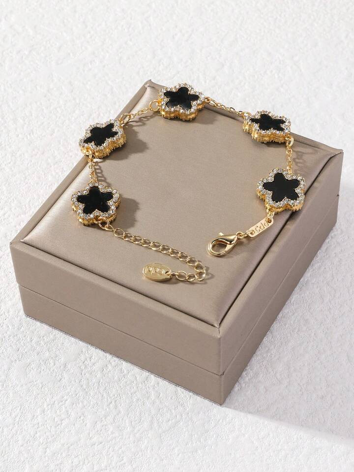 1pc Black Clover & Rhinestone Decor Fashionable Elegant Women's Chain Bracelet (Without Packaging... | SHEIN
