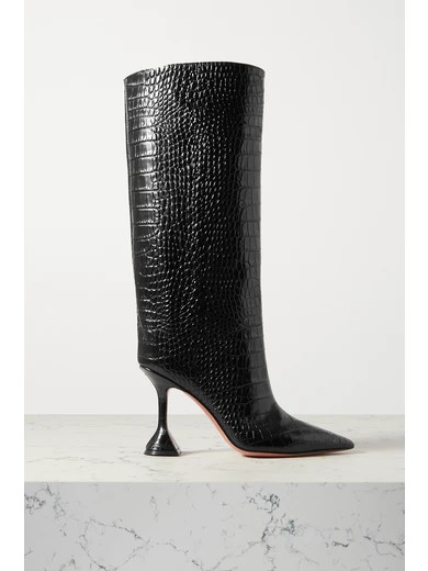 Amina Muaddi - Rain Croc-effect Leather Knee Boots - Black | NET-A-PORTER (US)