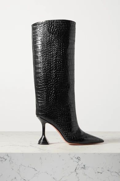 Amina Muaddi - Rain Croc-effect Leather Knee Boots - Black | NET-A-PORTER (US)