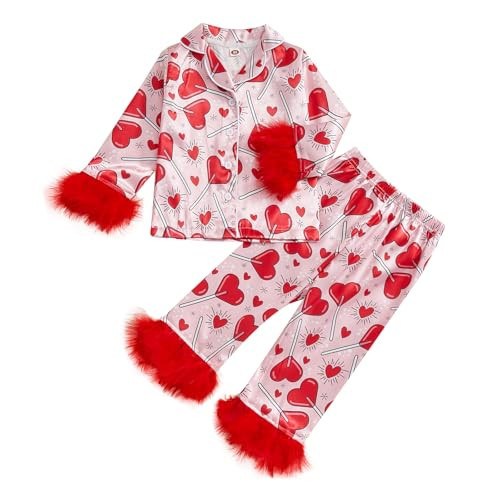 DuAnyozu Toddler Satin Valentines Pajamas For Toddler Girl Candy Cane Heart Print Little Girl Valentines Pjs Spring Clothes (Red, 5-6 Years) | Amazon (US)