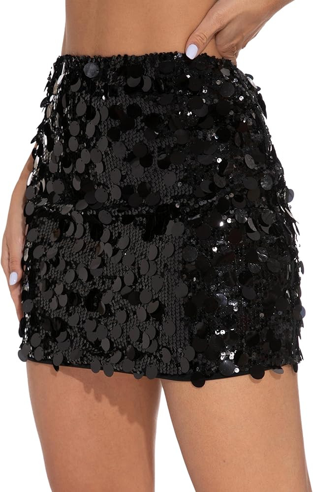 Sequin Skirt for Women-Stretchy Bodycon Night Out Party Shine Sparkly Mini Skirts | Amazon (US)