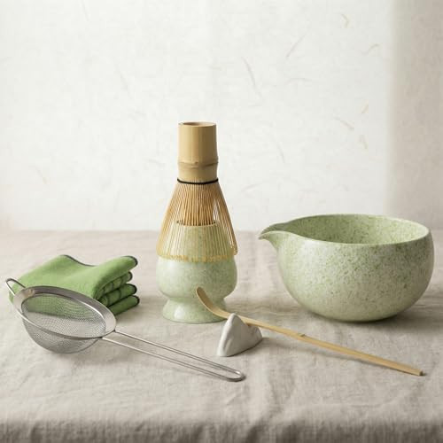 Matcha Whisk Set- 7 Piece Complete Japanes Matcha Set with Ceramic Matcha Bowl (Chawan), Bamboo Whisk (Chasen), Sifter, Whisk Holder, Macha Scoop(Chashaku) & Accessories - Green | Amazon (US)
