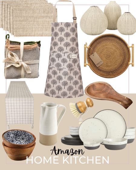 Amazon home kitchen items include apron, place mats, dinnerware set, rattan round tray, cotton knit dish towels, table runner, spoon rest, bamboo scrub brush, pitcher, and wood bowls

#LTKhome #LTKunder50 #LTKstyletip