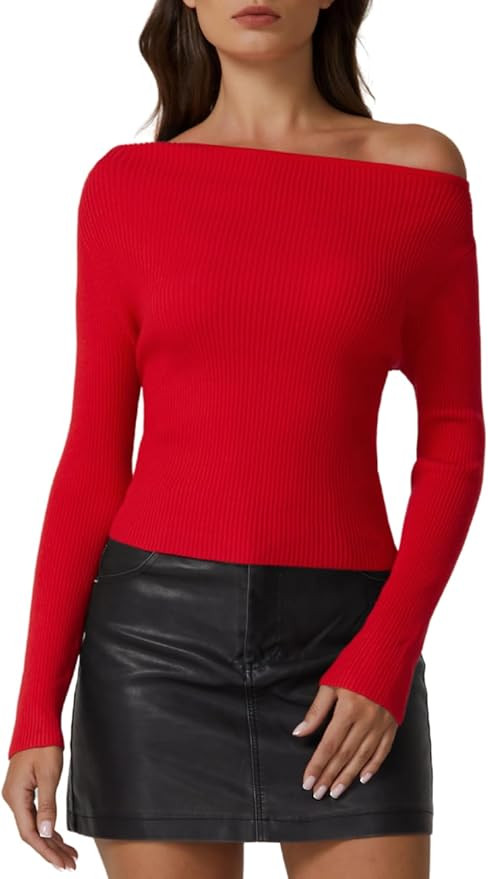 QINSEN Womens Asymmetrical Neck Sweater Slim Fit Long Sleeve Knit Pullover Top | Amazon (US)