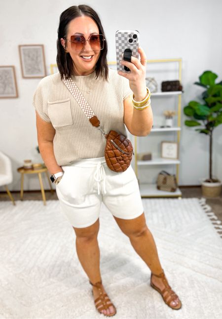 I had to try the popular sweater set in the shorts version!  This set with the tie string is very limited but I linked several other sellers with the same set available, just no tie string on the shorts. Wearing an xl in mine!  So soft. So comfy!  Shorts are not see through in the cream color!  Sandals fit tts  

#LTKmidsize #LTKfindsunder50 #LTKSeasonal