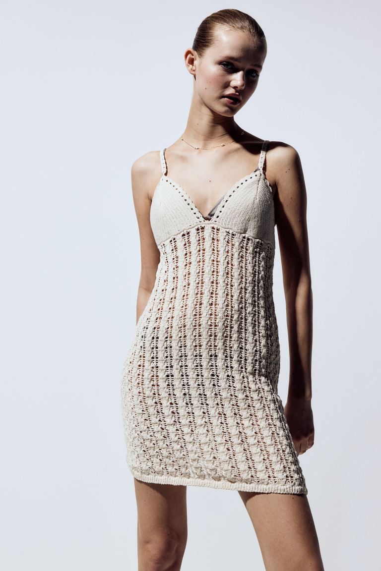Crochet-look Knit Dress - V-neck - Sleeveless - Cream - Ladies | H&M US | H&M (US + CA)