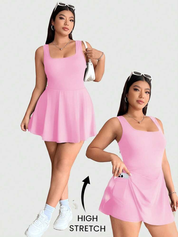 Solflare Valentine's Day,Women's Plus Size Sleeveless Romper With Shorts, Solid Color, Outer Skir... | SHEIN