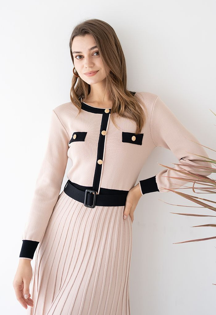 Belted Contrast Color Pleated Knit Dress | Chicwish