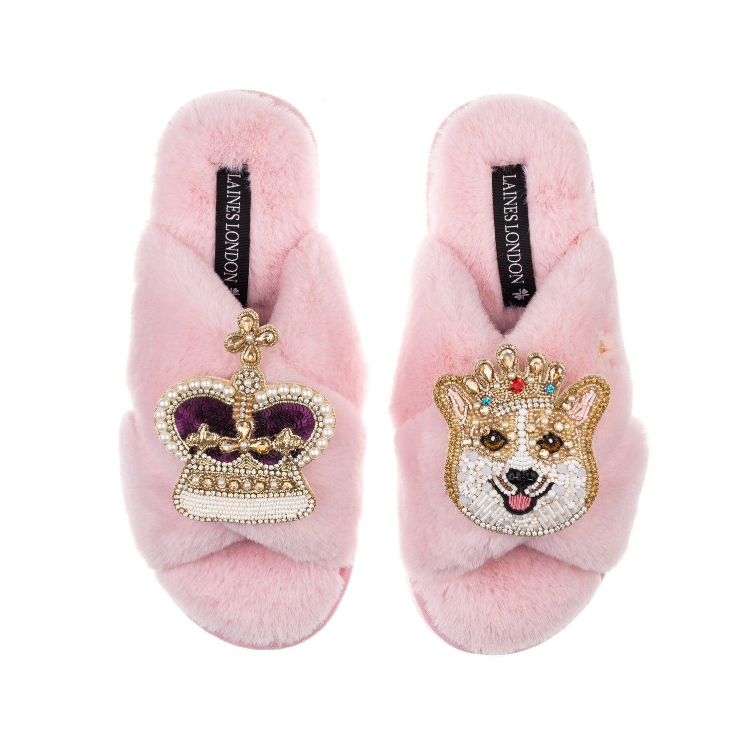 Classic Laines Slippers With Artisan Sandy The Corgi & Royal Crown Brooches - Pink | Wolf & Badger (US)