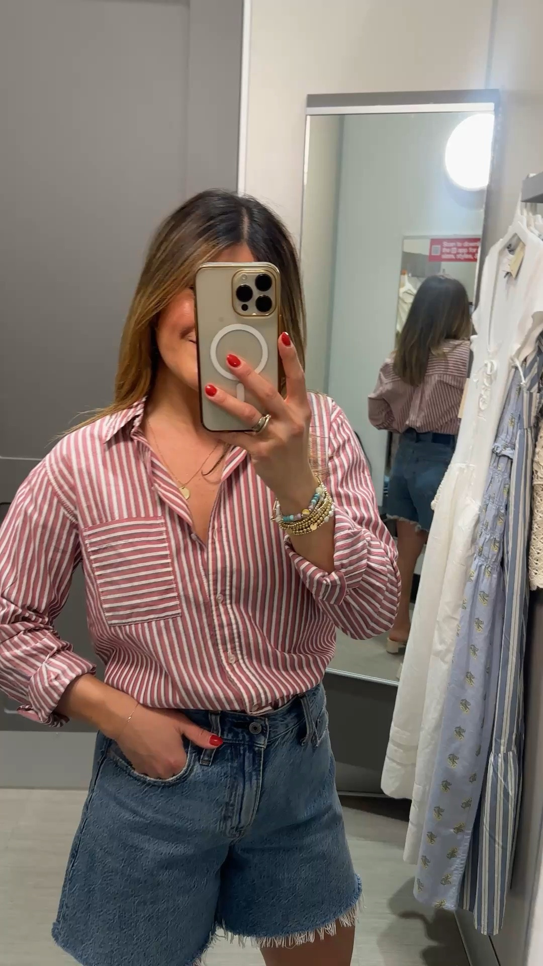 Love this button down! It’s such a pretty tone of red! Take 30% off right now! 
It runs tts, if you want an oversized fit make sure to size up! 
Size XS
My shorts are Abercrombie, they run tts. Wearing size 25. 


#LTKmomlife #LTKootd