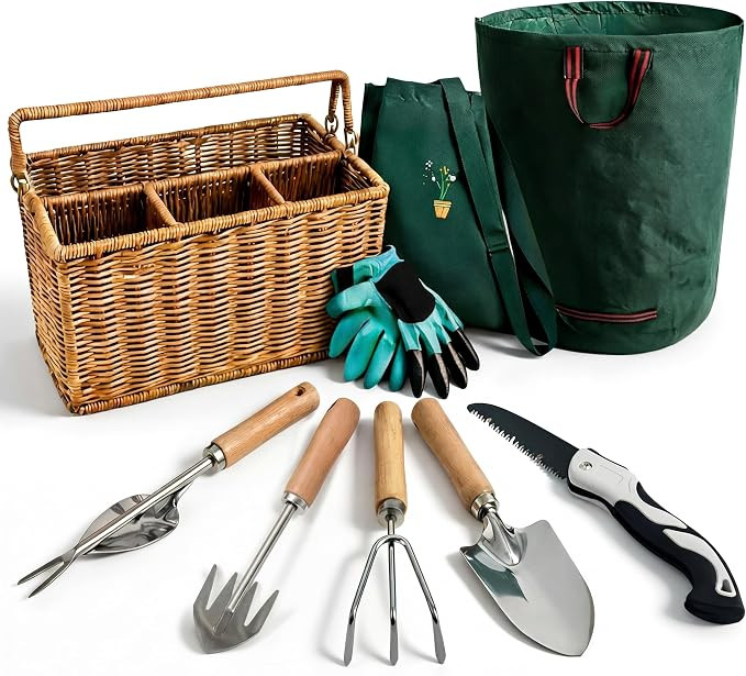 Garden Tool Set with Basket, Stainless Steel Gardening Tools with Wooden Handles, Organized Garde... | Amazon (US)