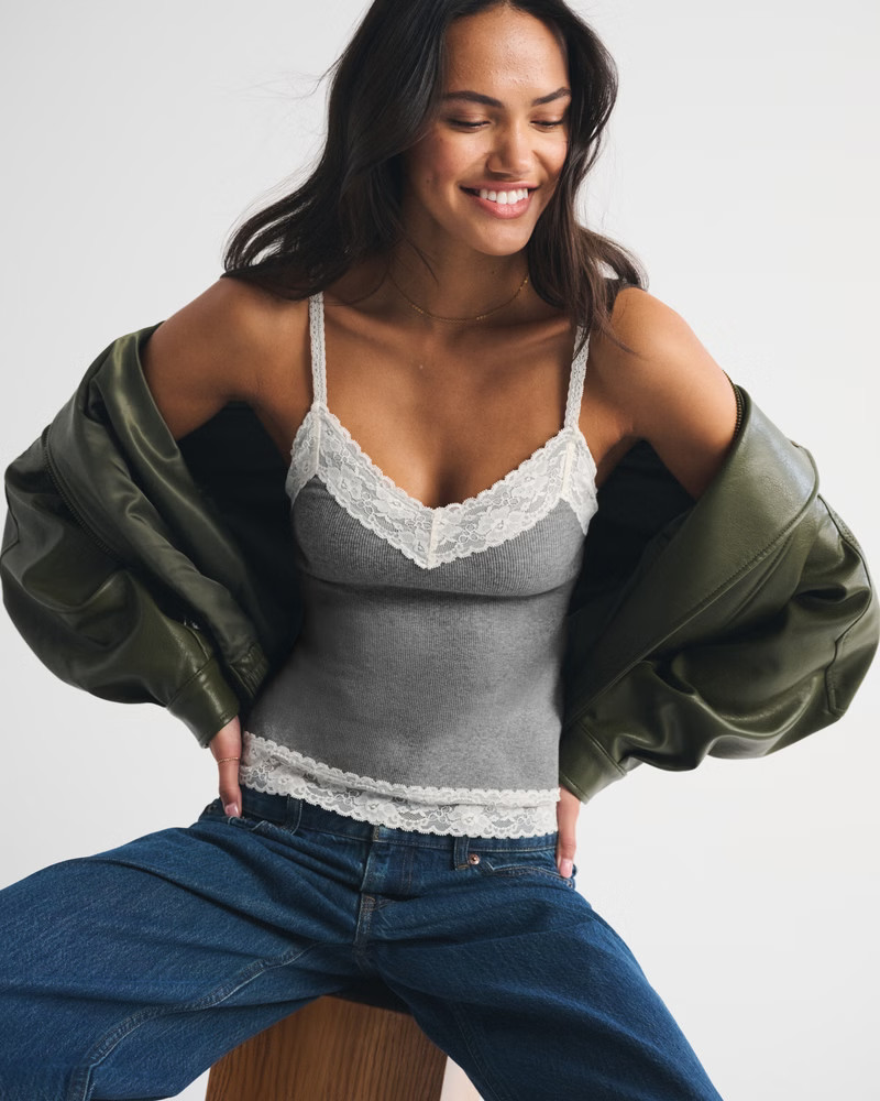 Bra-Free Lace-Trim Rib Cami | Abercrombie & Fitch (US)
