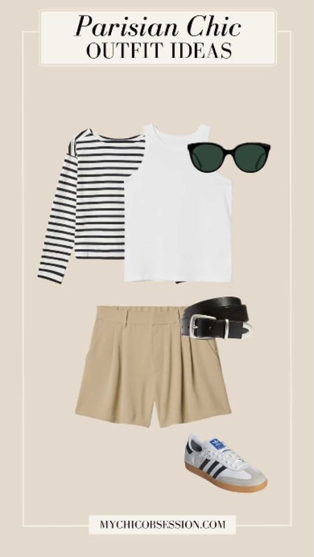 Start this shorts look with a pair of khaki chino-style ones. Next, add in a wardrobe staple like a white tank top, and a striped shirt tied around your shoulders. If the day cools off, this will act as a great layering piece to throw over your tank.

Finally, complete your look with one of the more popular shoes that we spotted in Parisian street style – Adidas Sambas. 

#LTKStyleTip #LTKSeasonal