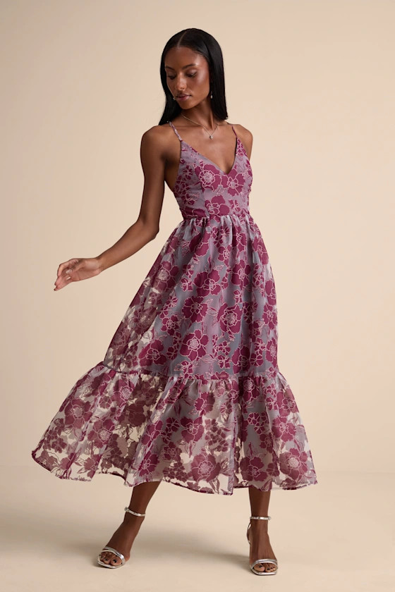 Feeling Like Forever Plum Jacquard Organza Lace-Up Midi Dress | Lulus