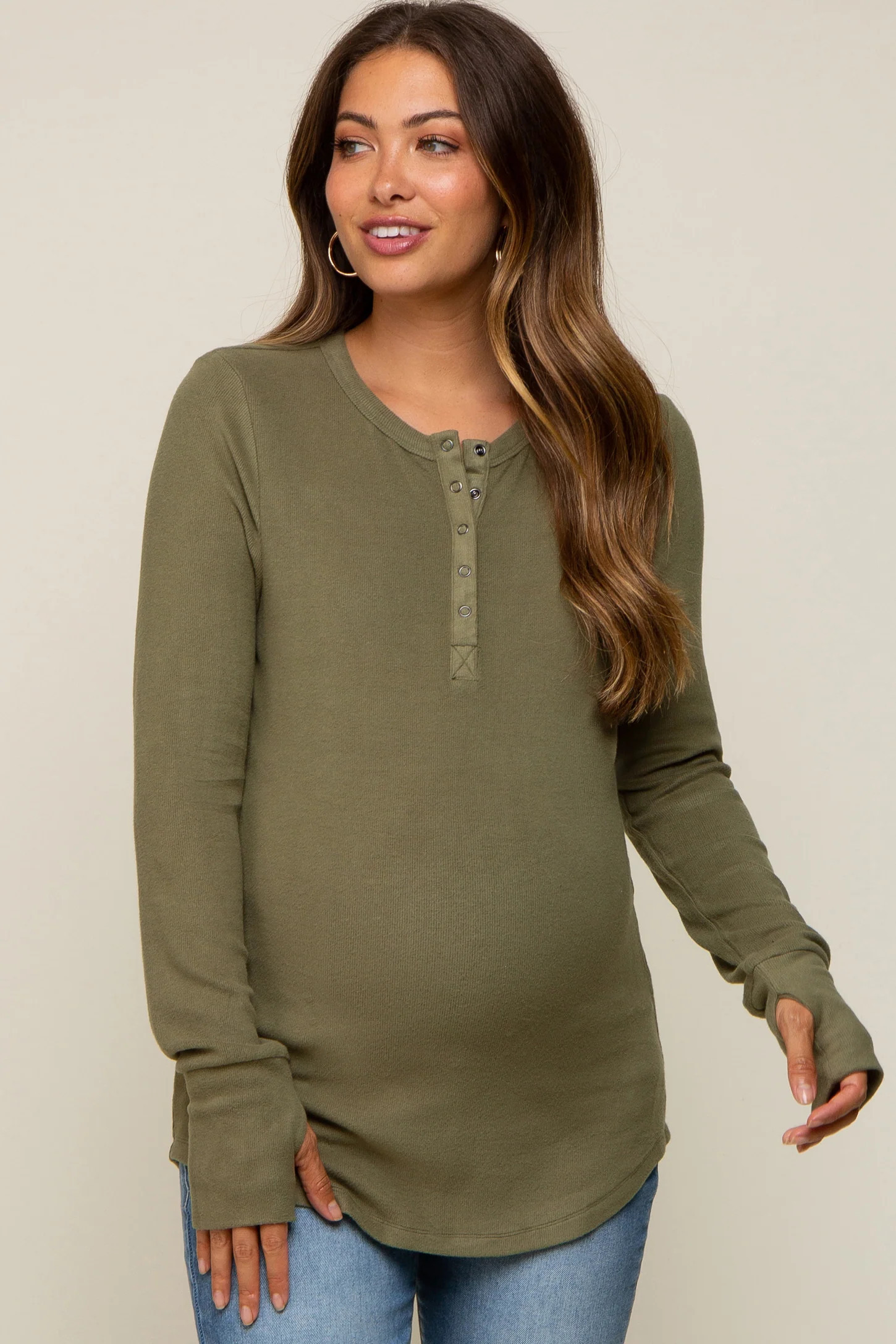 Olive Button Front Soft Knit Long Sleeve Henley Maternity Top | PinkBlush Maternity