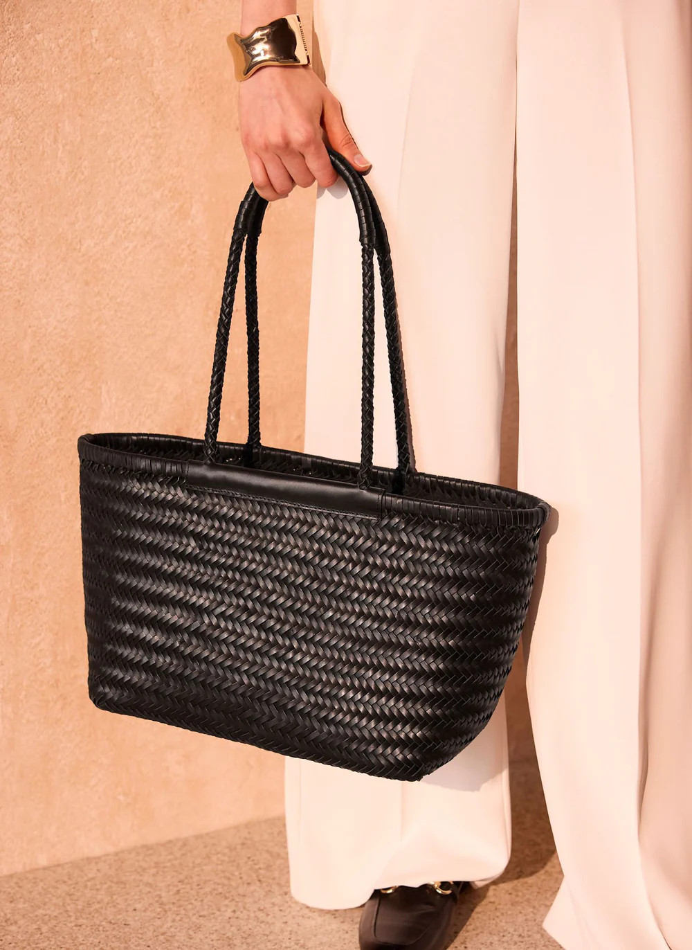 Rae Black Leather Woven Tote Bag | Mint Velvet