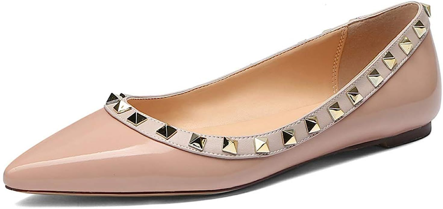 TZAMCW Womens Studded Flats Shoes，Leather Pointed Toe Slip On Dress Pumps Gold Stud Casual Flat... | Amazon (US)