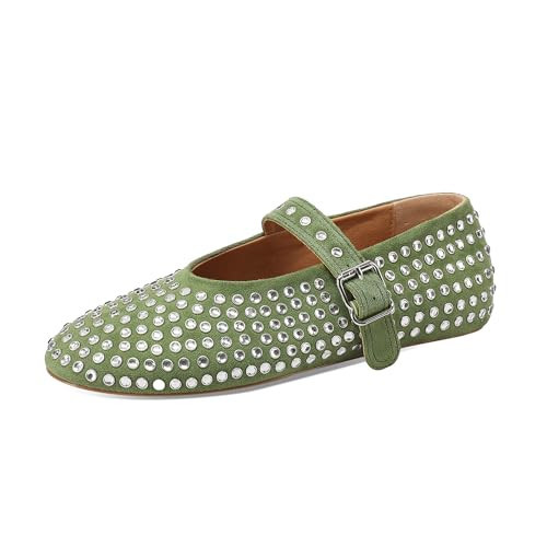 Women's Rhinestone Flats Crystal Studded Mary Jane Ballet Flats Shoes Buckle Ballerina Shoes Green 11.5 | Amazon (US)