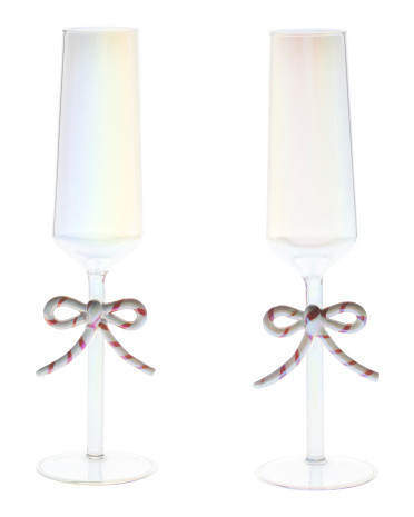 2pk Candy Cane Bow Luster Champagne Glasses | TJ Maxx