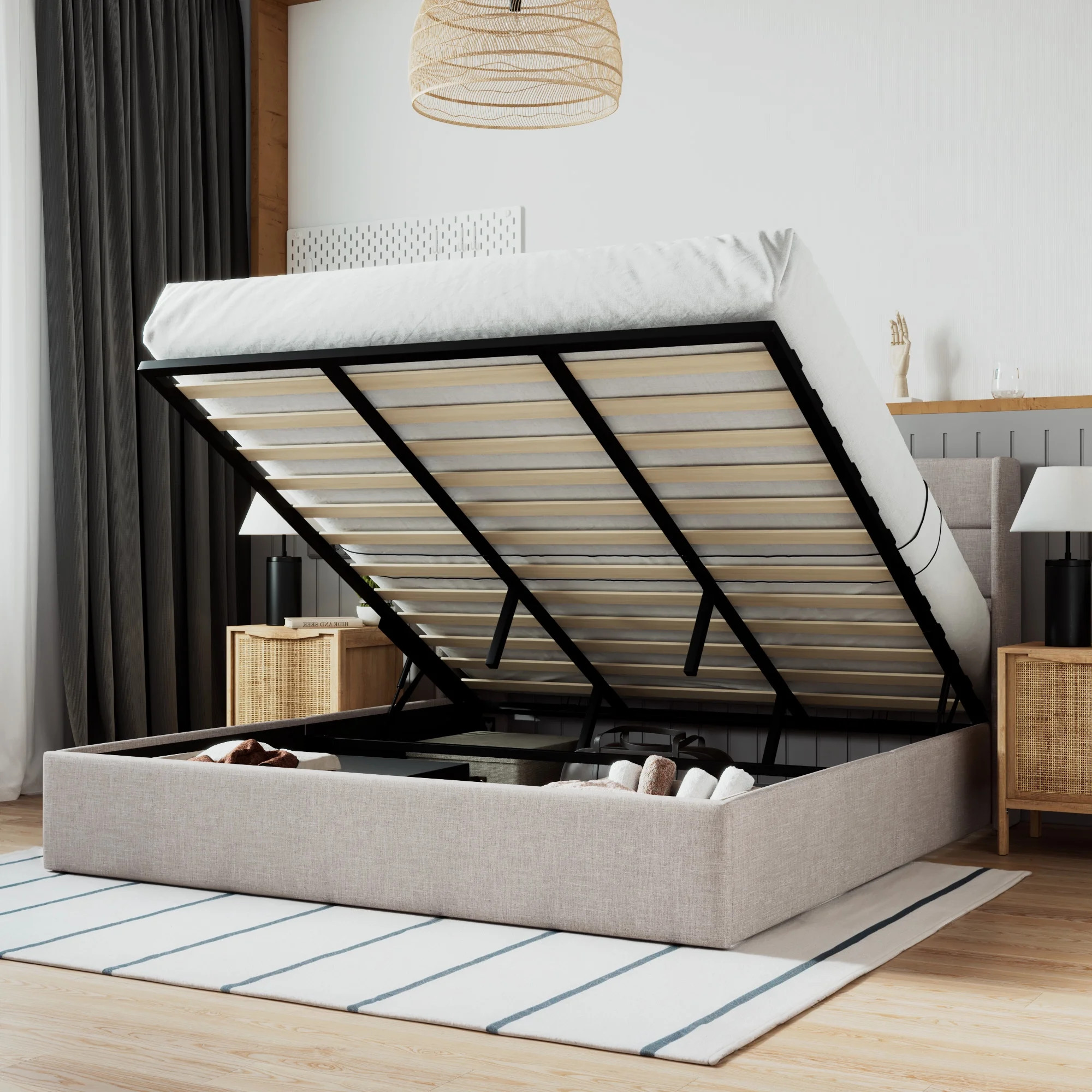 SHA CERLIN Beige King Size Lift-up Platform Bed Frame with Headboard, Wingback & Storage, Adult | Walmart (US)