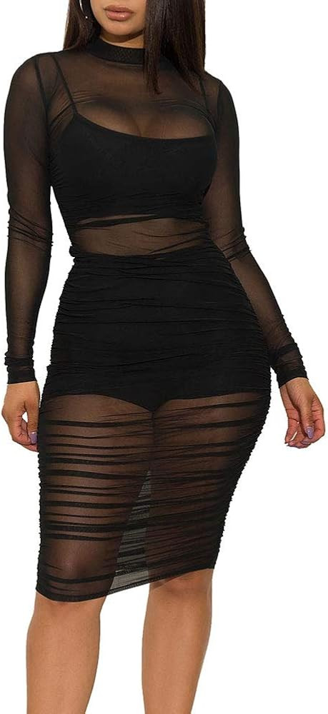 Women's Sexy Mesh See Through Dresses Long Sleeve Midi Bodycon Party Club Dress 3 Piece Outfits w... | Amazon (US)