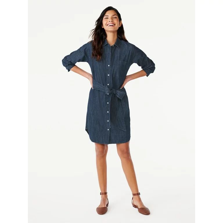 Free Assembly Women's Belted Mini Denim Shirtdress with Long Sleeves, Sizes XS-XXL | Walmart (US)