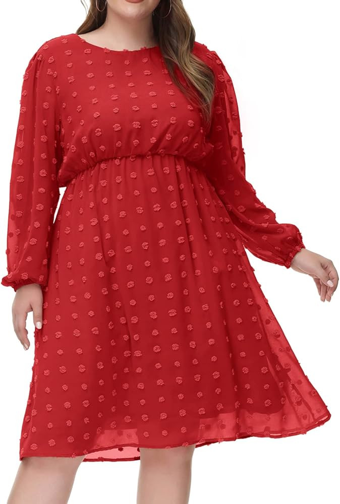 Womens Dot Chiffon Dress Plus Size Elegant Midi Casual Party Long Lantern Sleeve Dresses | Amazon (US)