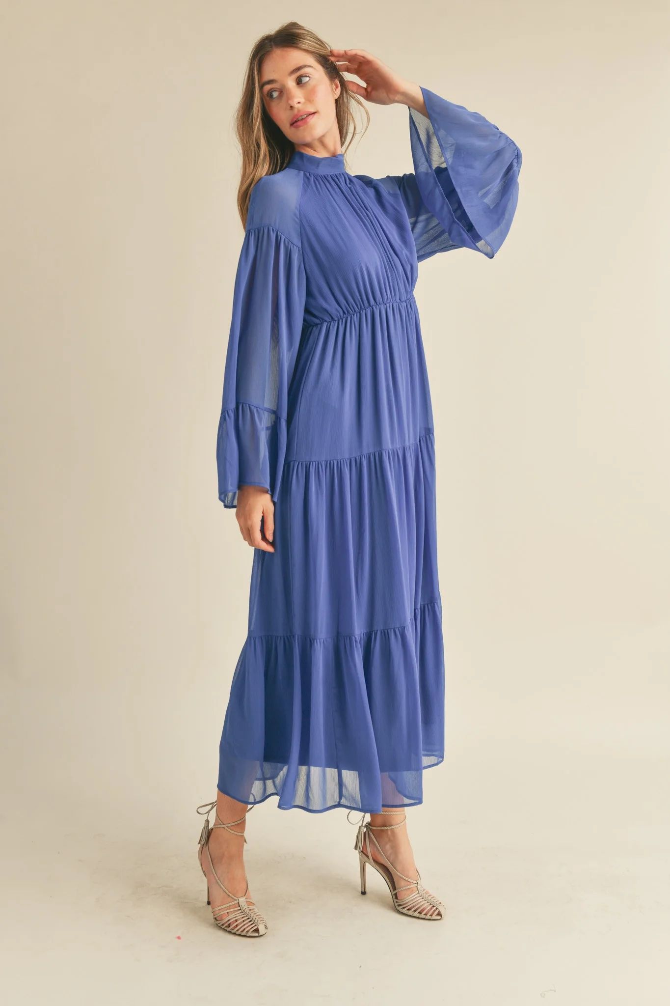 Blue Mock Neck Tiered Midi Dress | PinkBlush Maternity