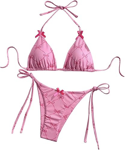 GORGLITTER Women's 2 Piece Swim Suits Bow String Halter Triangle Bikini Set High Cut Summer Beach... | Amazon (US)