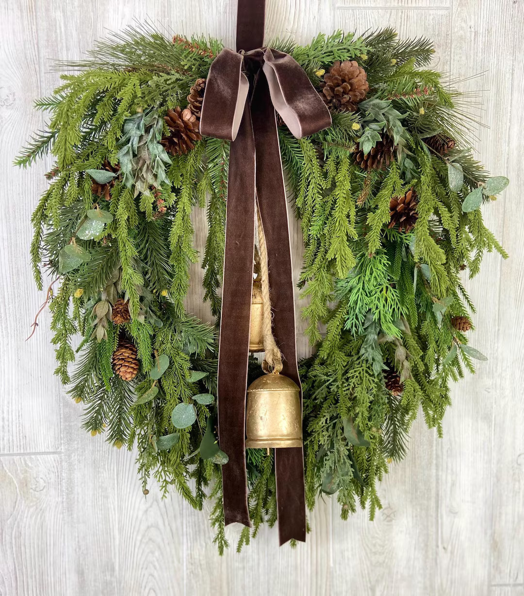 Christmas Norfolk Pine Door Wreath,neutral Holiday Wreath,winter Wreath With Bells,pinecone Wreat... | Etsy (US)