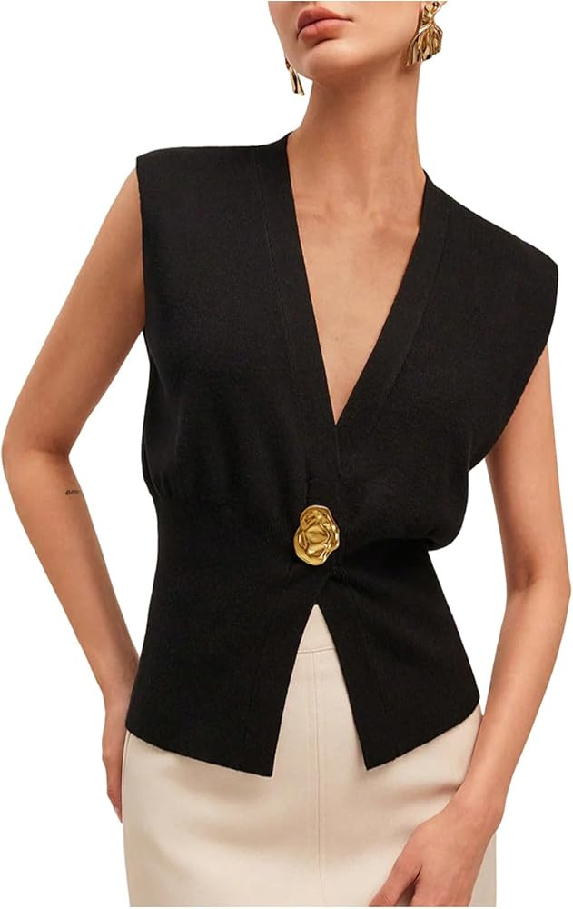 WDIRARA Women's Deep V Neck Sweater Vest Sleeveless Metal Decor Knit Tank Top | Amazon (US)