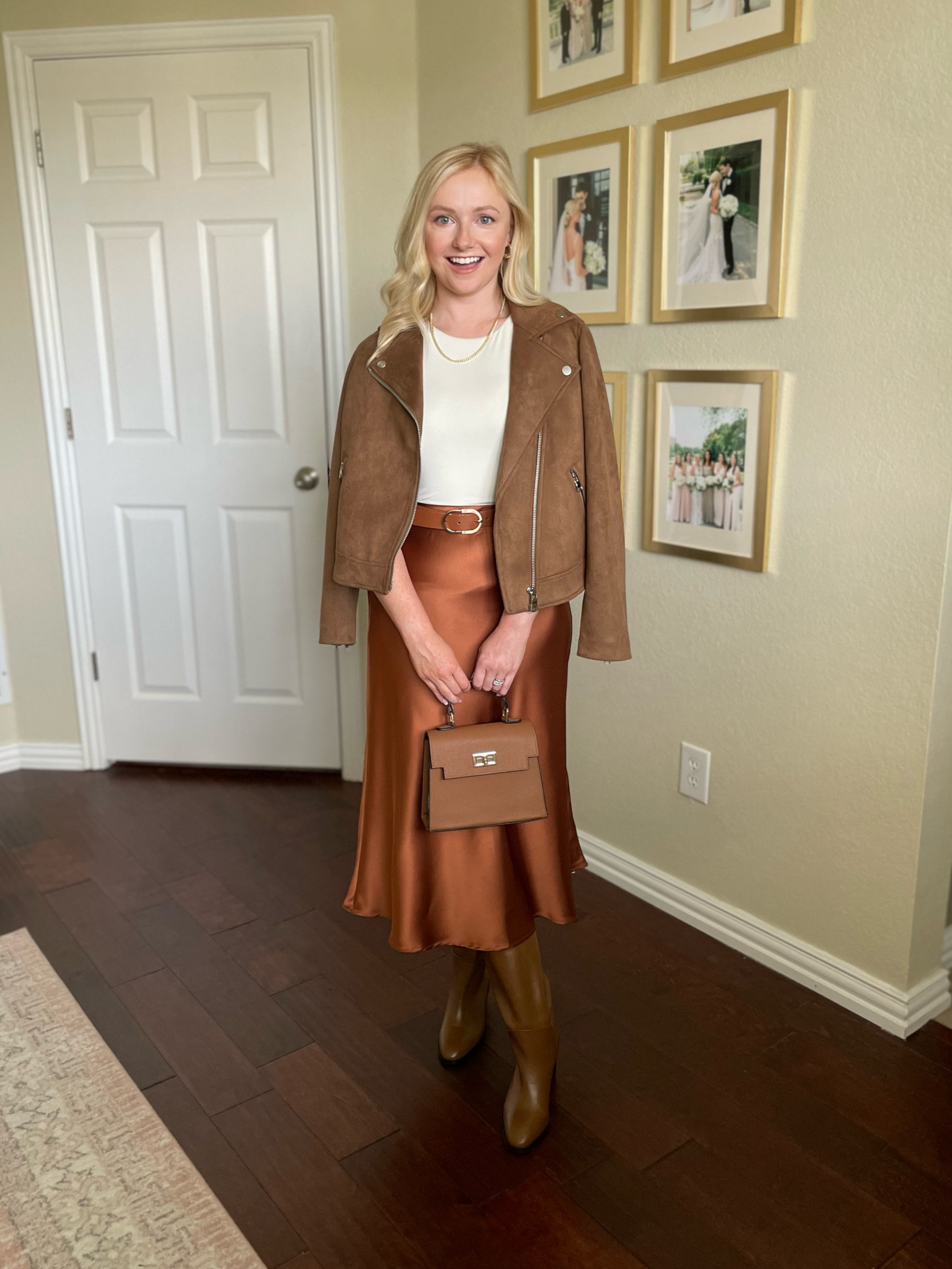 Fall date night outfit, fall fashion, fall outfit, satin skirt, suede jacket, brown outfit 

#LTKSeasonal #LTKfindsunder100 #LTKstyletip