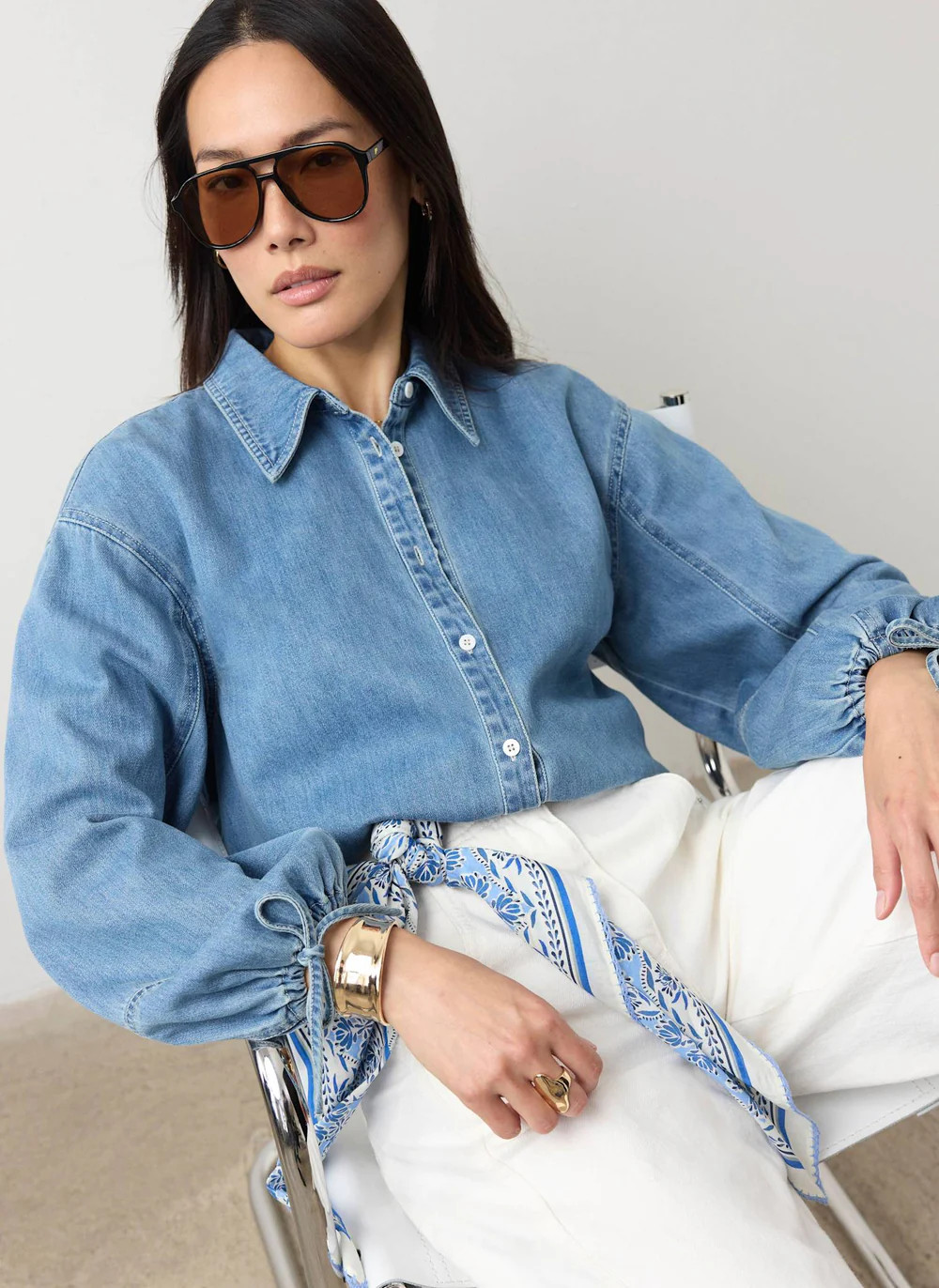 Mid Indigo Denim Blouson Sleeve Shirt | Mint Velvet
