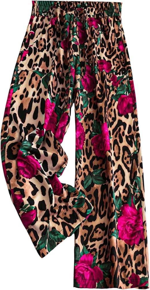 GORGLITTER Women's Cheetah Floral Print Wide Leg Pants Elastic High Waist Flowy Trousers Pants | Amazon (US)