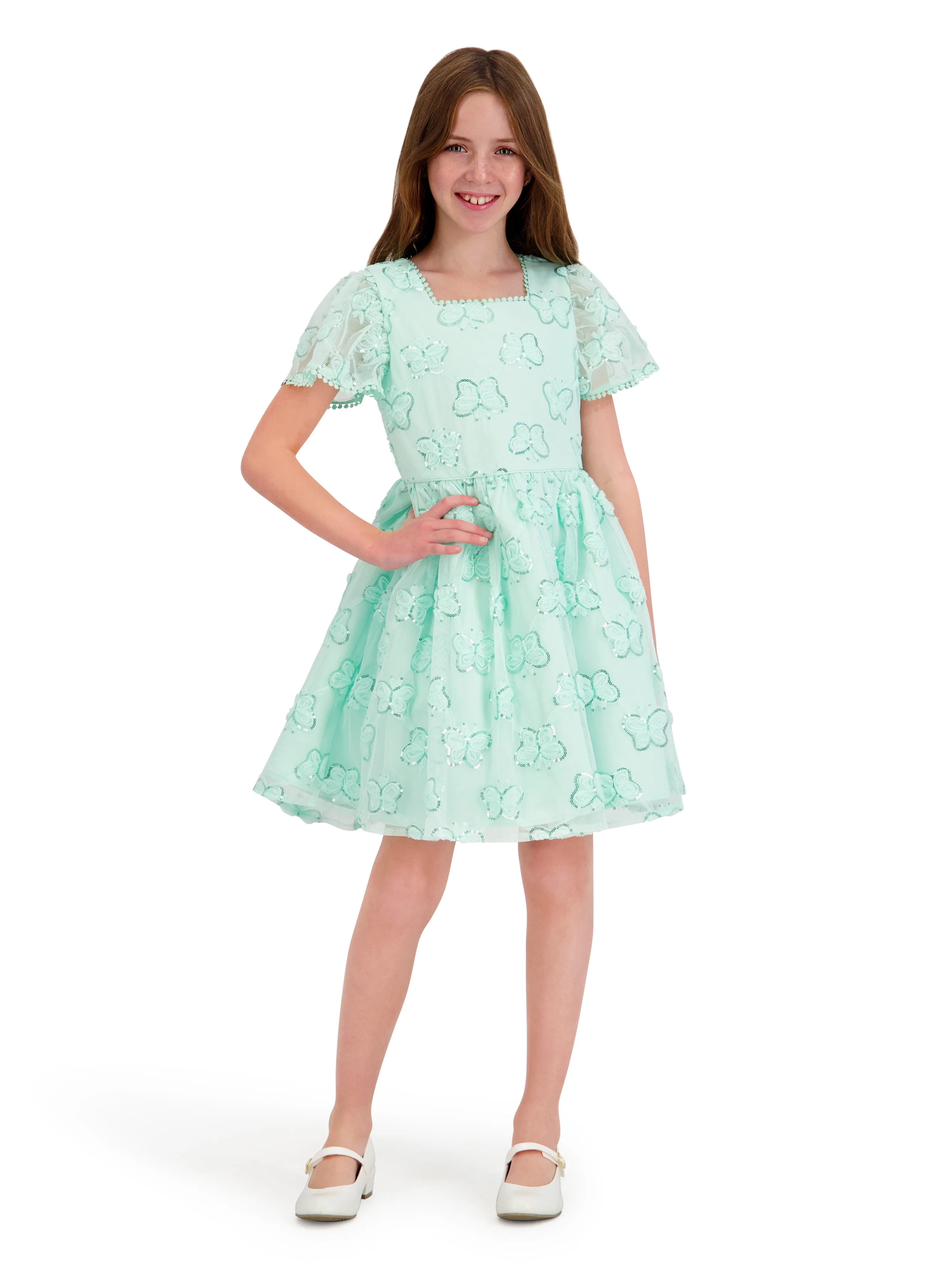 Kensie Girl Cap Sleeve Sequin Butterfly Soutache Mesh Dress, Sizes 4-16 | Walmart (US)