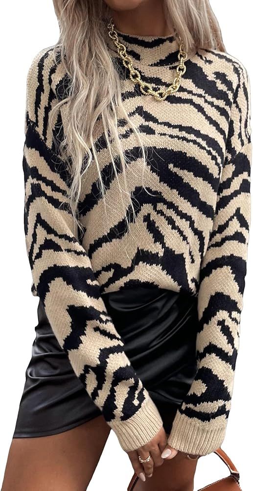 GORGLITTER Women's Zebra Striped Sweaters Long Sleeve Mock Neck Knitted Pullover Tops | Amazon (US)