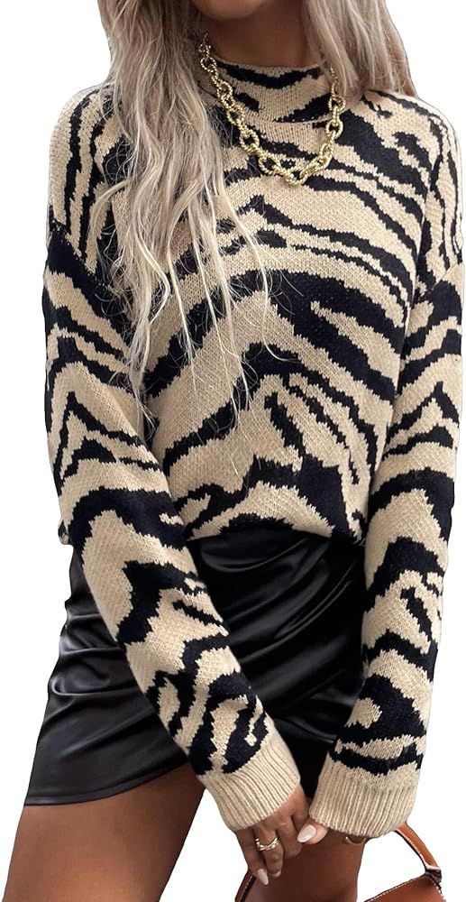 GORGLITTER Women's Zebra Striped Sweaters Long Sleeve Mock Neck Knitted Pullover Tops | Amazon (US)