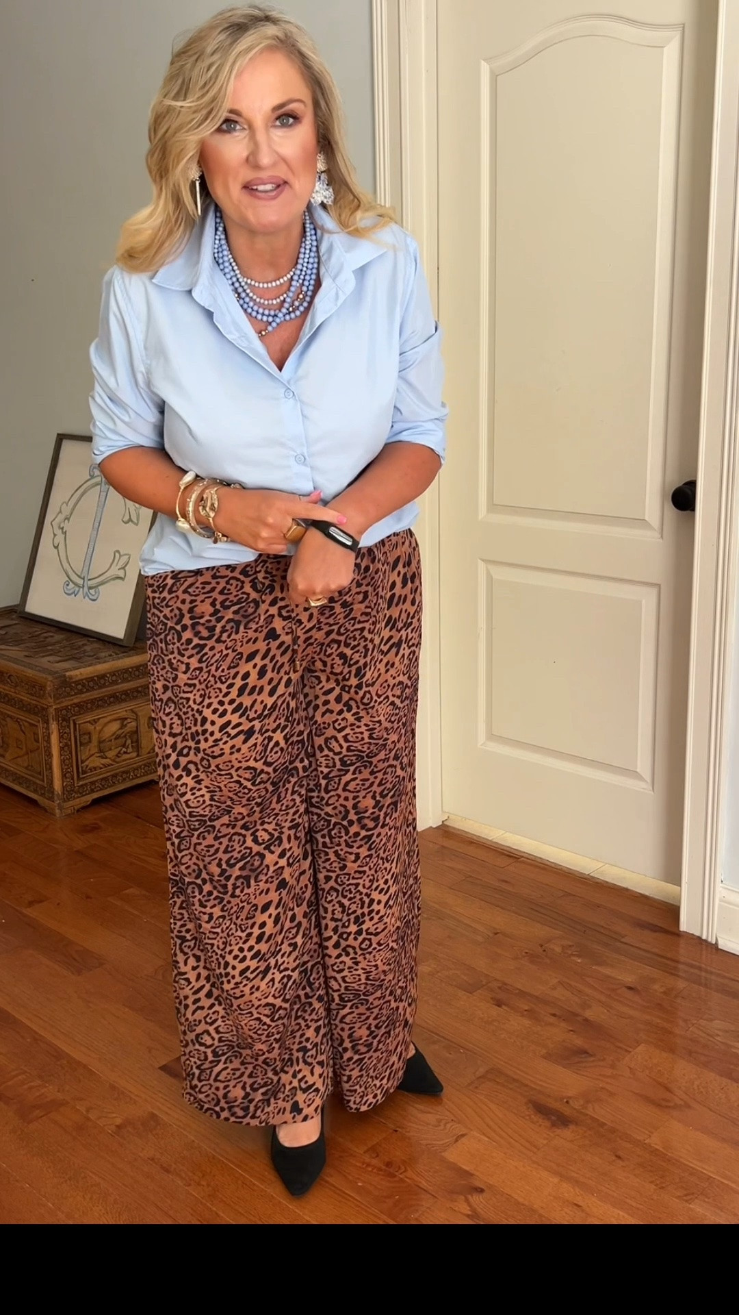 Wearing g a medium in the leopard print pull on pants. And a medium in the button up shirt. 

Work wear
Office outfit
Over 50 fashion

#LTKootd #LTKOver40 #LTKMidsize