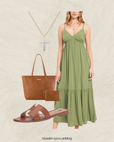 Church Style ✨ 

Old Navy finds, Amazon finds, cross necklace, green swing dress, tote bag, Steve Madden sandals 