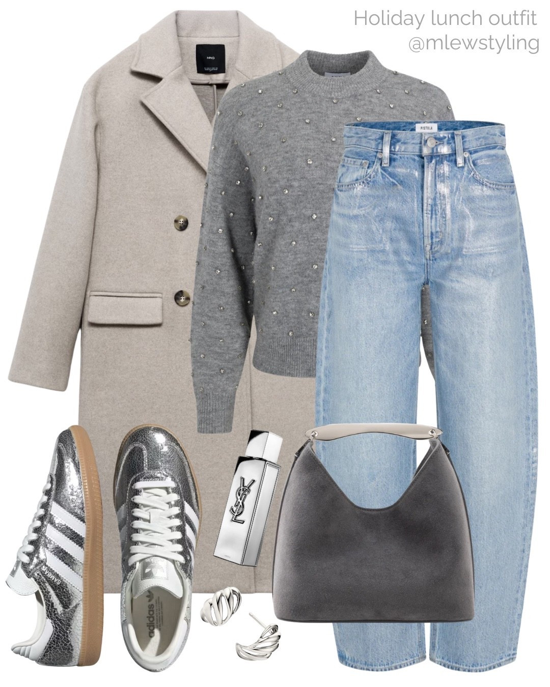 What to wear for a holiday lunch 🩶

Tags: winter outfit, fall fashion, wool coat, holiday jumper, grey crewneck sweater, silver coated barrel leg jeans, silver adidas sneakers, silver ysl perfume, grey suede Elleme bag, pistola denimm

#LTKHoliday #LTKSeasonal #LTKShoeCrush