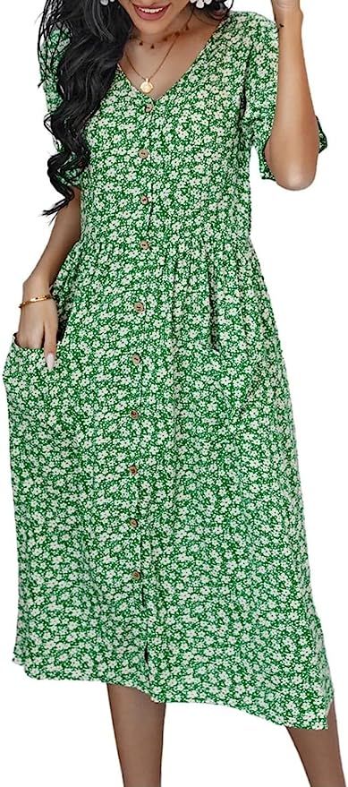 Dasivrry Womens Casual Floral Short Sleeve V Neck Button Down Flowy Flowing A Line Midi Dresses S... | Amazon (US)