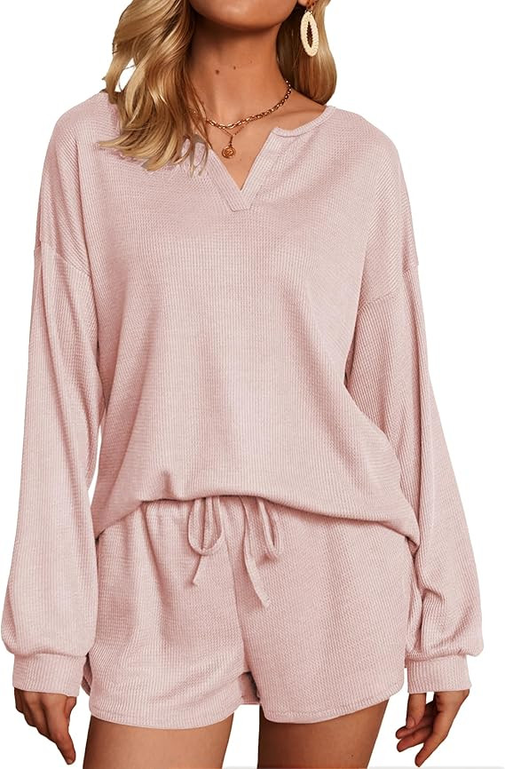 Ekouaer Lounge Sets for Women Waffle Knit Pajama Set Long Sleeve Top and Shorts Matching Loungewe... | Amazon (US)
