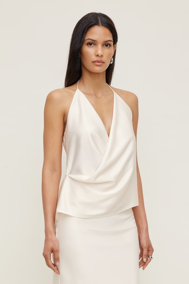 Satin Wrap Halter Top - Dynamite - Beige - Women Clothing | Dynamite Clothing