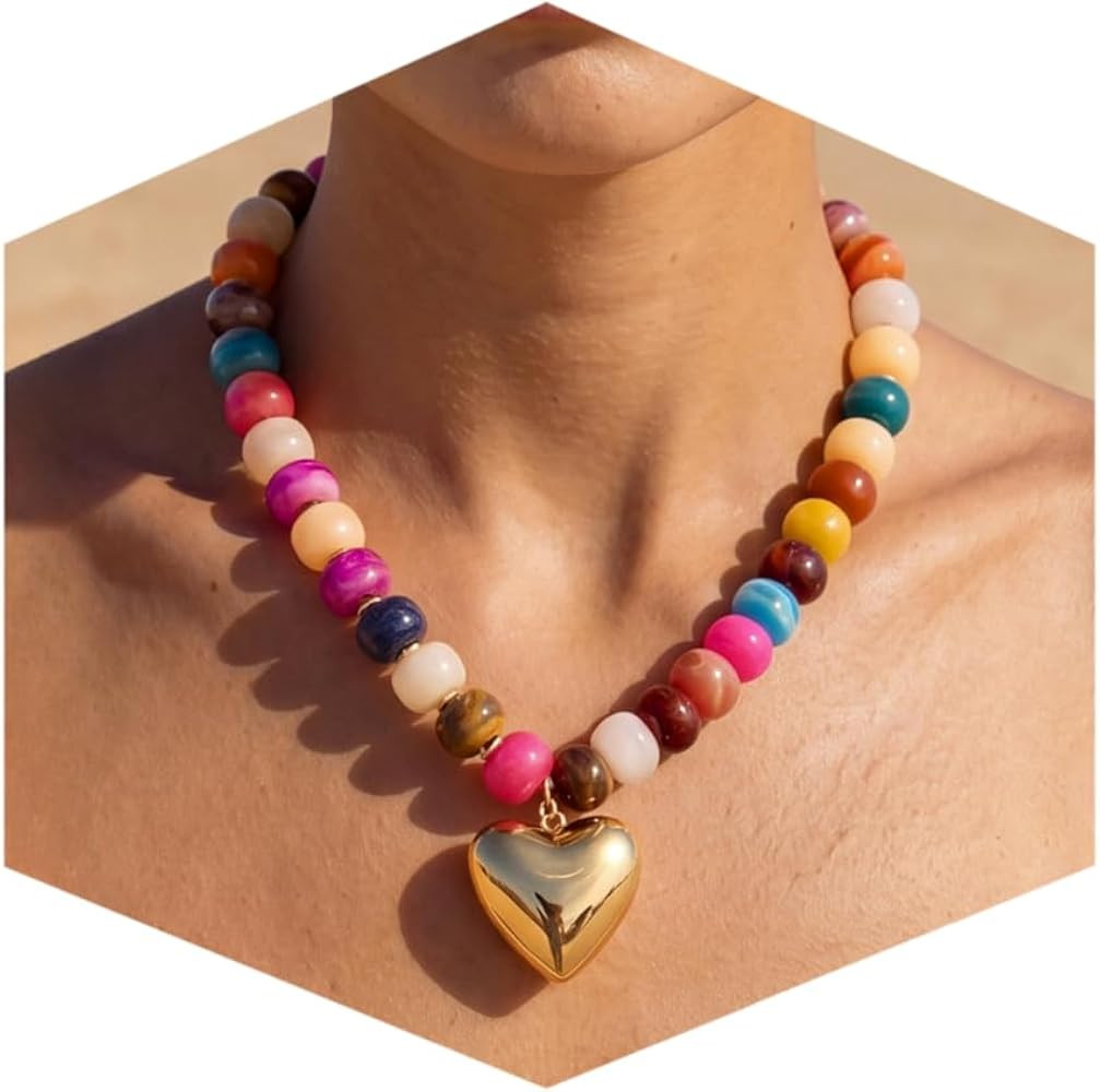 Nackiy Colorful Chunky Beaded Necklace for Women, Boho Heart Starfish Pendant Choker, Adjustable ... | Amazon (US)