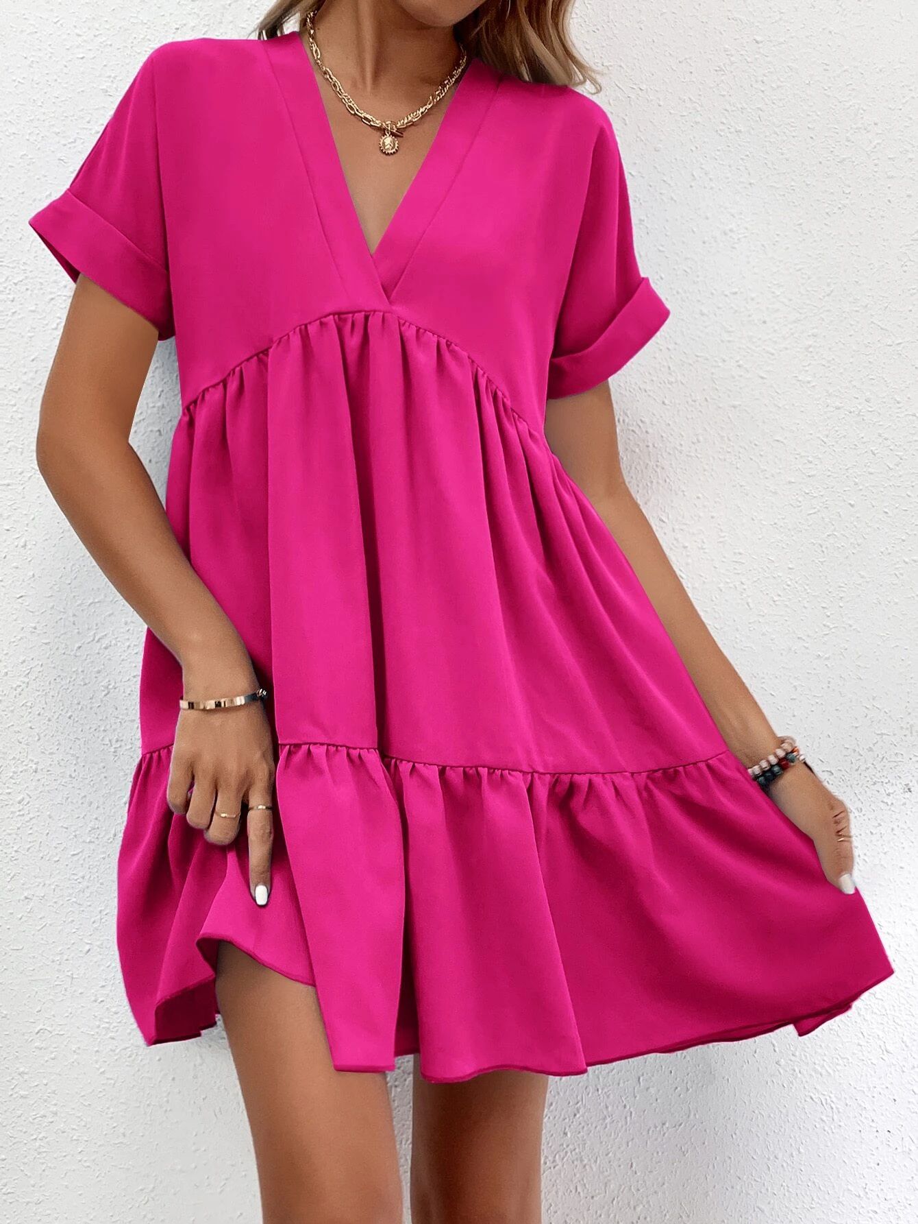 Roll Cuff Ruffle Hem Solid Dress | SHEIN