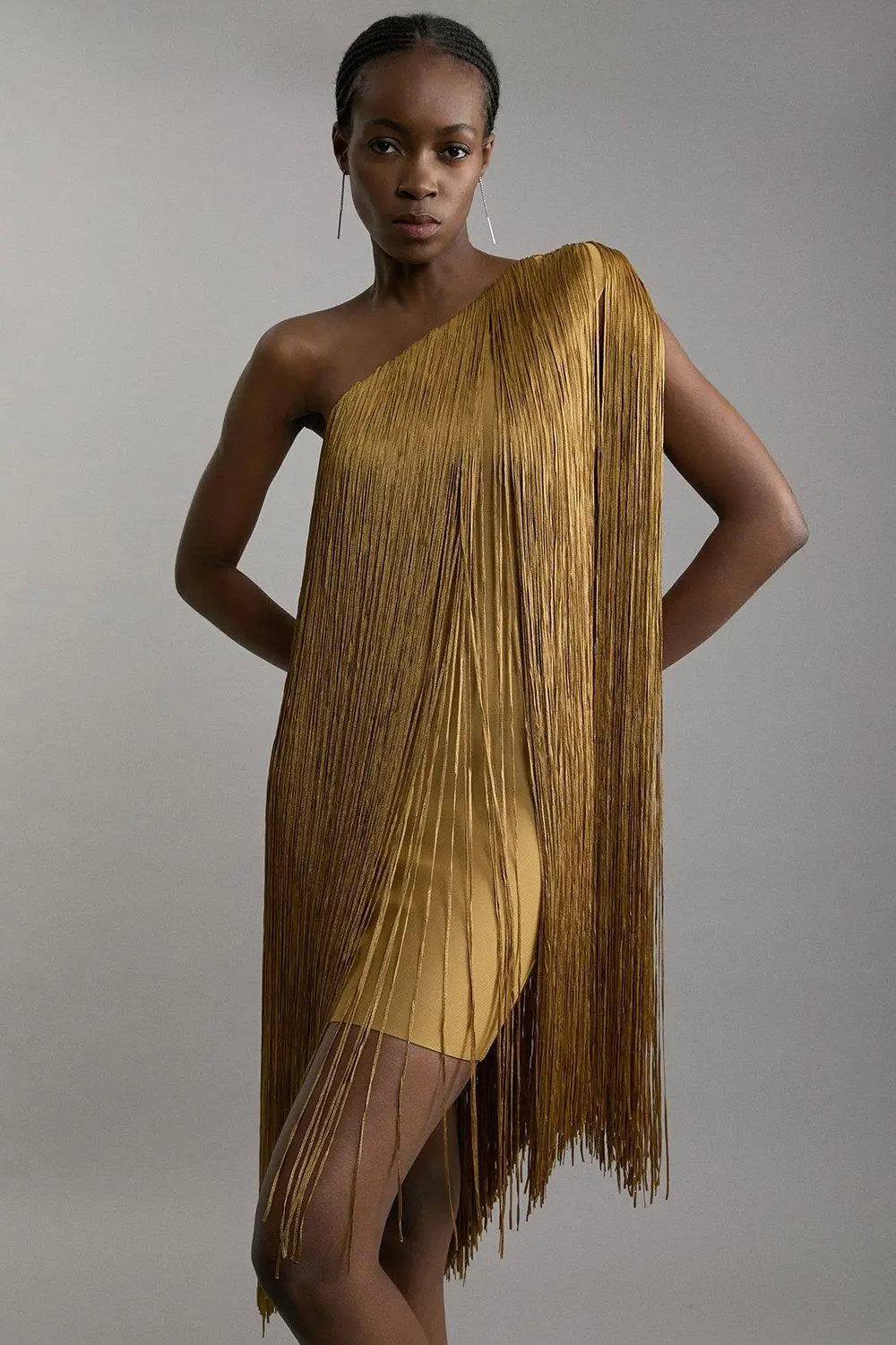 Figure Form Bandage One Shoulder Fringe Mini Knit Dress | Karen Millen US