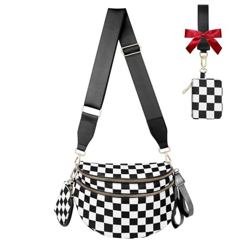 Checkered Crossbody Bag Bum Bag Crossbody Bags for Women Waist Packs Large Fanny Packs Belt Bags Checkered Purse Handbags Wallets Purses Trendy Shoulder Pouch (Checkered Black and White, One Size) | Amazon (US)